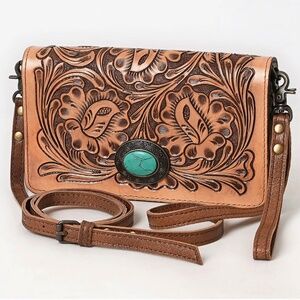 American Darling Hand-Tooled Leather Organiser Bag with Turquoise Stone Concho